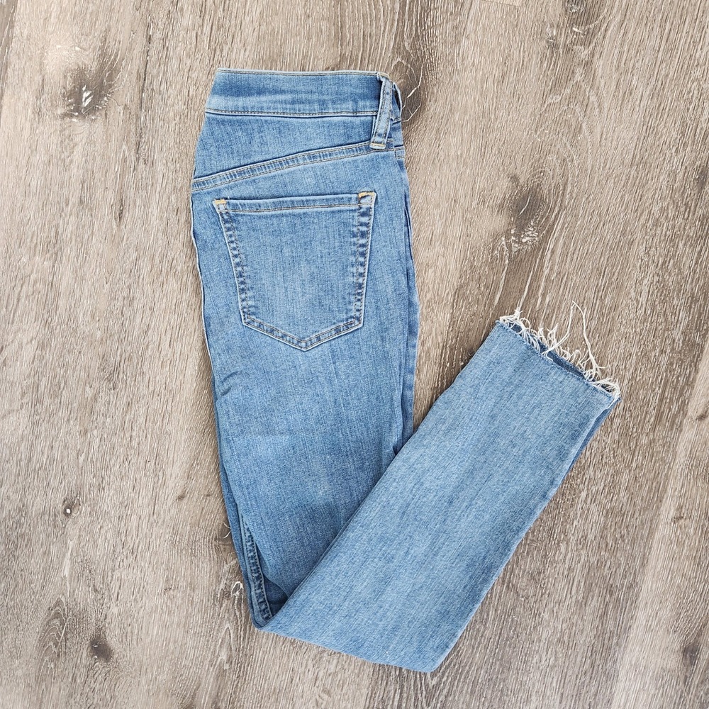 Free People Women Blue High Rise Button Fly Raw Hem Skinny Jeans W28 61855